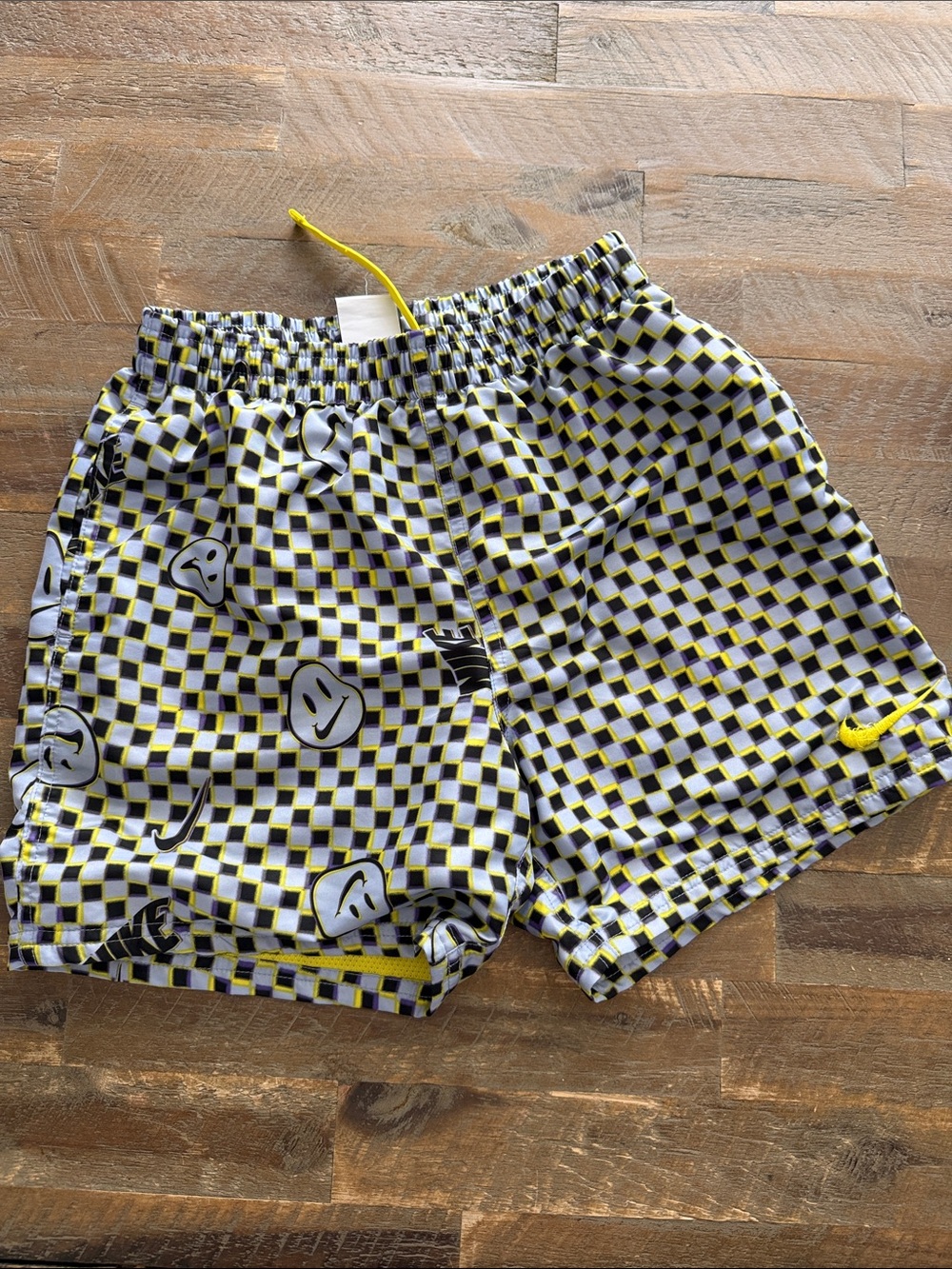 Nike Kids Swim Trunks in Yellow, Black & White Checkerboard